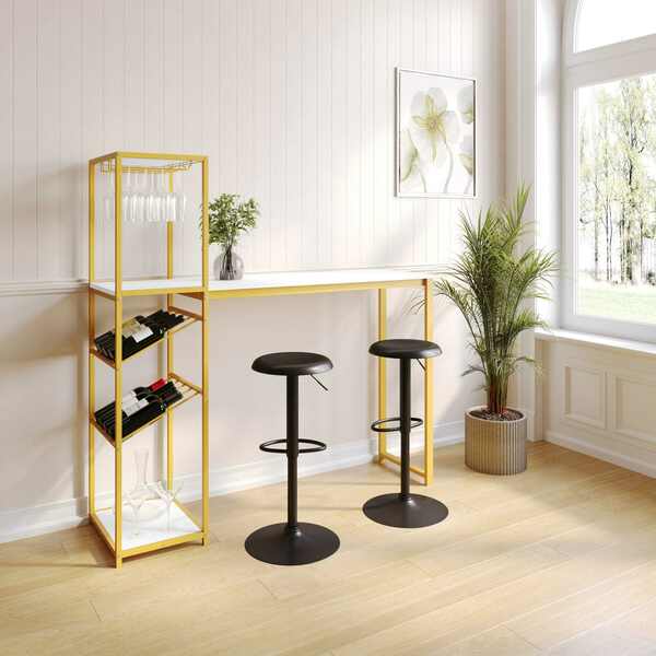 Flash Furniture Jura Metal Bar and Wine Table w/2 Slanted Shelves for Bottle Storage and Hanging Glass, Gold Frame NAN-F-HY-B23102-GLDMRBL-GG
